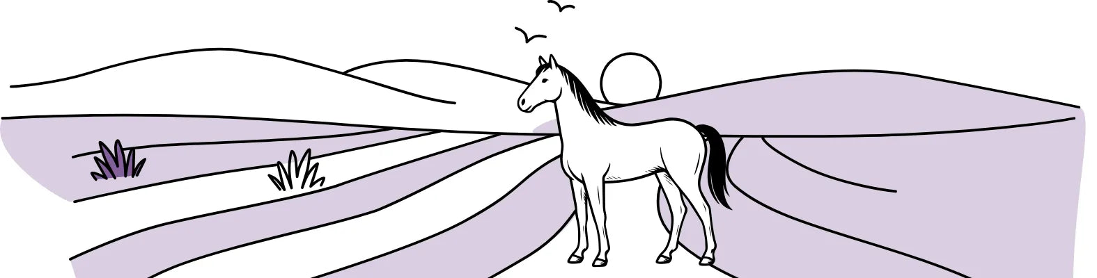 Ein stilisiertes Pferd steht auf einem lila Feld unter einem klaren Himmel mit zwei Vögeln und der Sonne im Hintergrund.