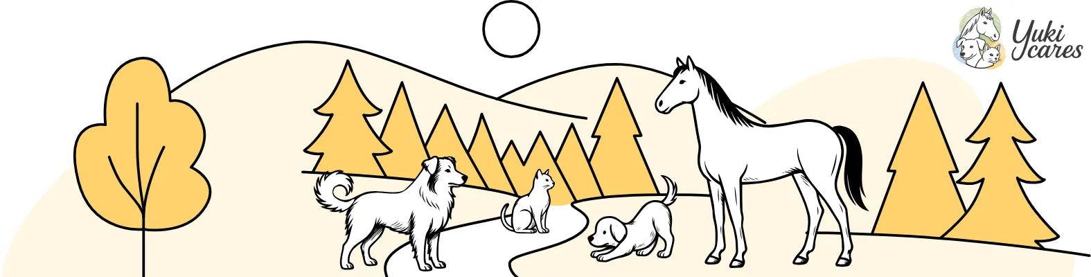 Eine Katze, zwei Hunde und ein Pferd genießen eine friedliche Landschaft mit Hügeln und Bäumen bei Sonnenschein.