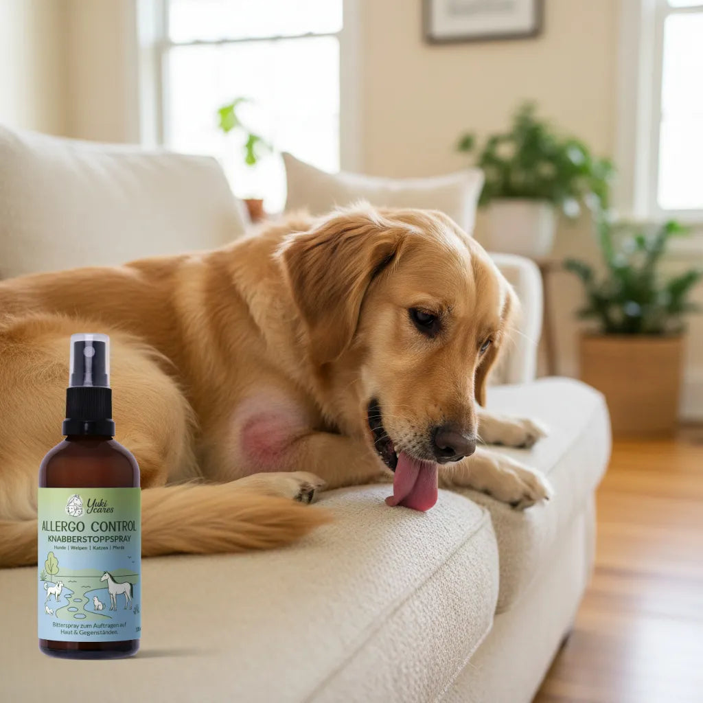 Ein Hund liegt auf einem Sofa und leckt sich das Bein, während ein Allergie-Spray auf dem Tisch daneben steht.