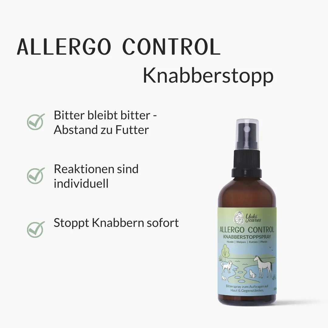 Das Bild zeigt eine Flasche "Allergo Control Knabberstoppspray" neben Text, der die sofortige Wirkung gegen Knabbern beschreibt.