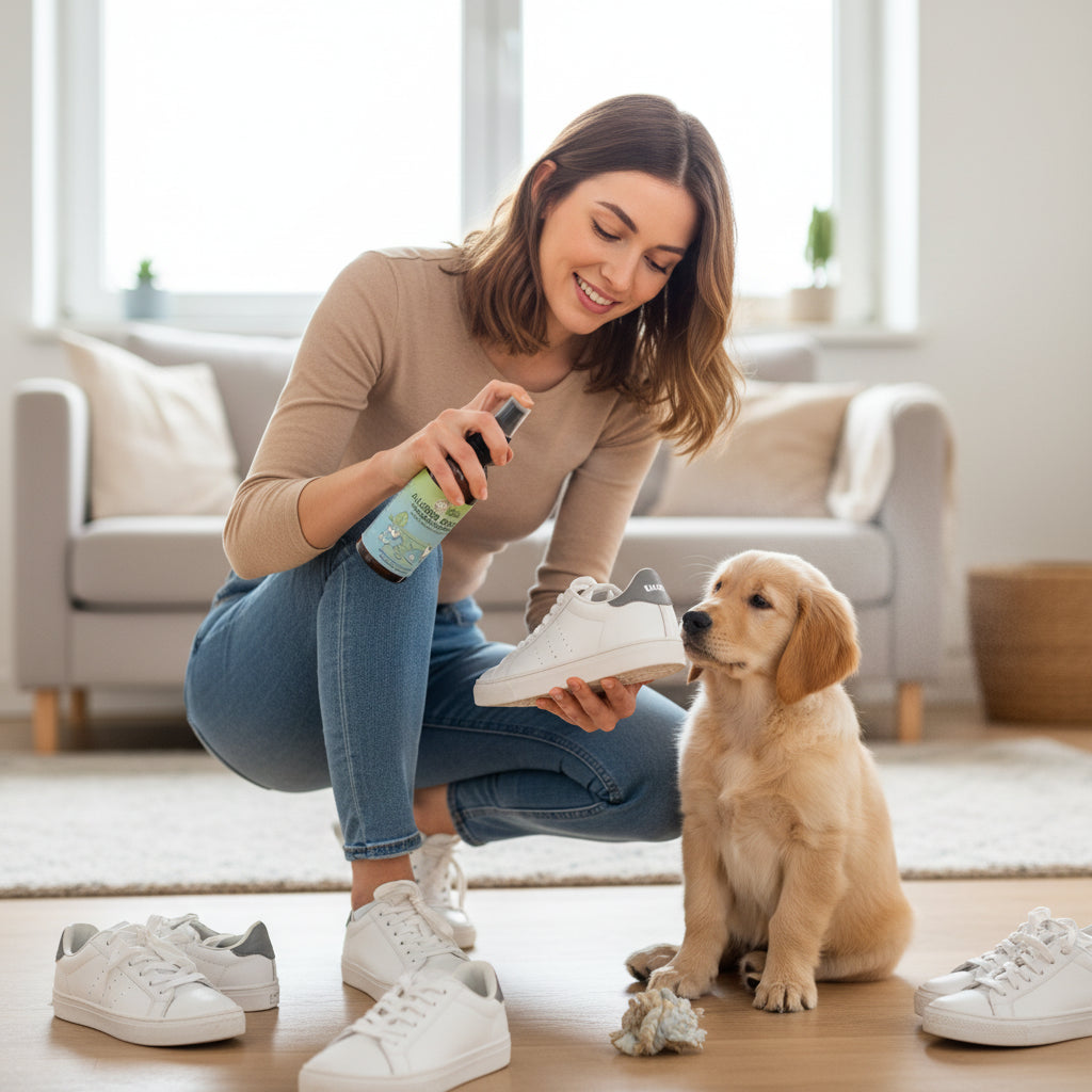 Eine Frausprüht Knabberstopp auf einen weißen Sneaker, während ein junger Hund neugierig zusieht.