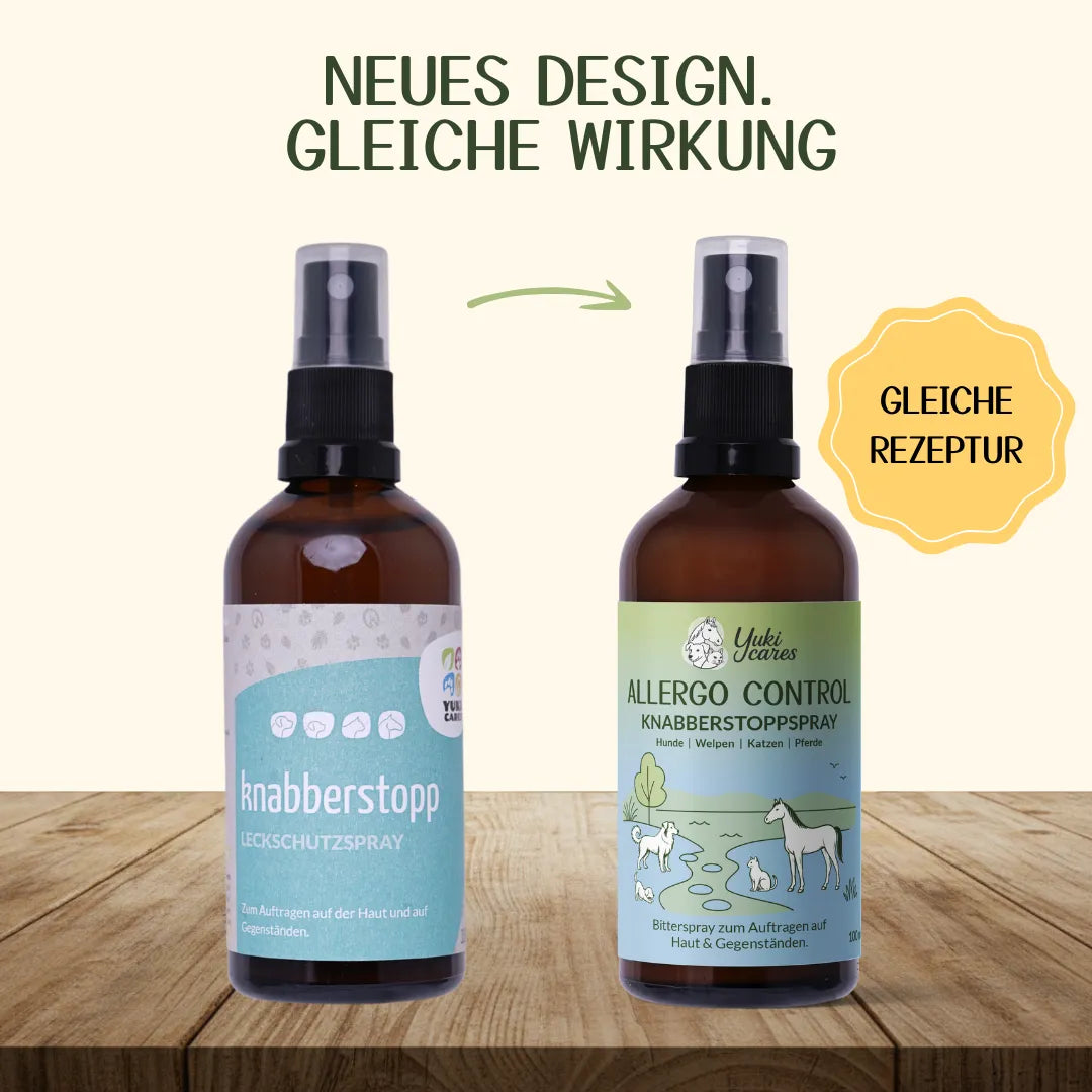 Zwei Flaschen Knabberstopp-Spray mit neuem Design stehen auf einem Holztisch, betont durch "Gleiche Rezeptur".