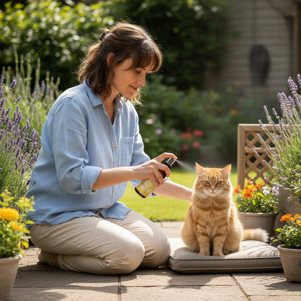 Eine Frau sprüht ein orangenes Spray auf eine Katze, die entspannt im Garten auf einem Kissen sitzt.
