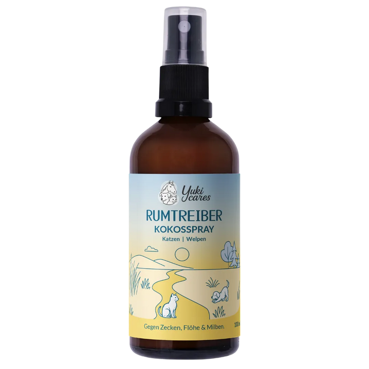 Braune Sprühflasche mit Yuki Cares Rumtreiber Kokosspray für Katzen und Welpen, dekoriert mit einer Landschaftsillustration.