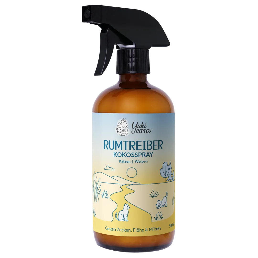 Eine braune Sprühflasche mit dem Etikett "Rumtreiber Kokosspray" für Katzen und Welpen gegen Zecken, Flöhe und Milben.