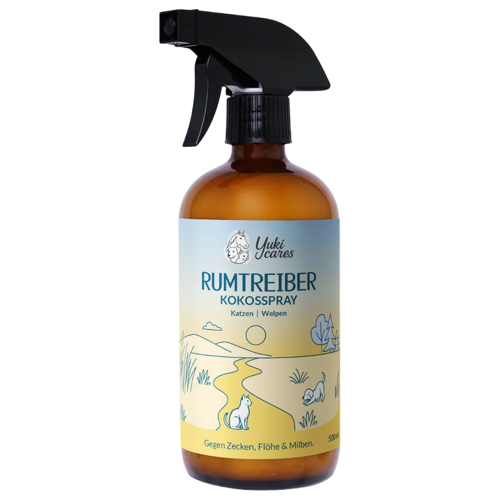 Eine braune Sprühflasche mit dem Etikett "Rumtreiber Kokosspray" für Katzen und Welpen gegen Zecken, Flöhe und Milben.