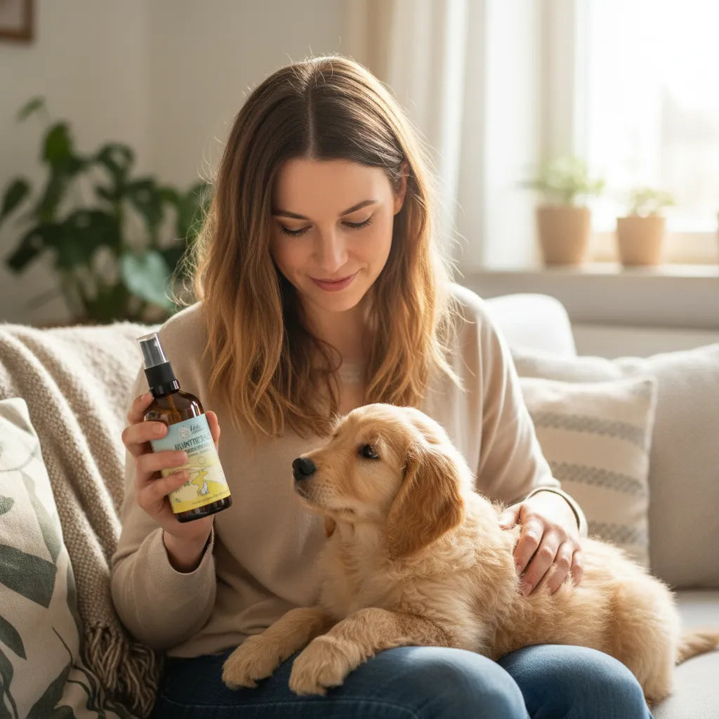 Eine Frau sitzt auf einem Sofa und hält ein Spray in der Hand, während sie liebevoll einen Welpen streichelt.