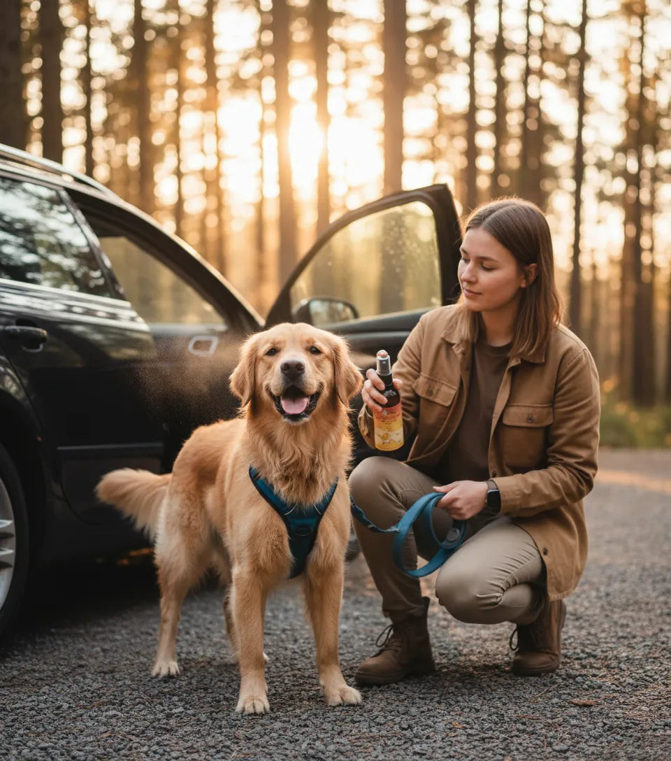 Eine Frau sprüht ein goldenes Retriever-Hund mit Insektenschutzmittel vor einem Auto im Wald ein.