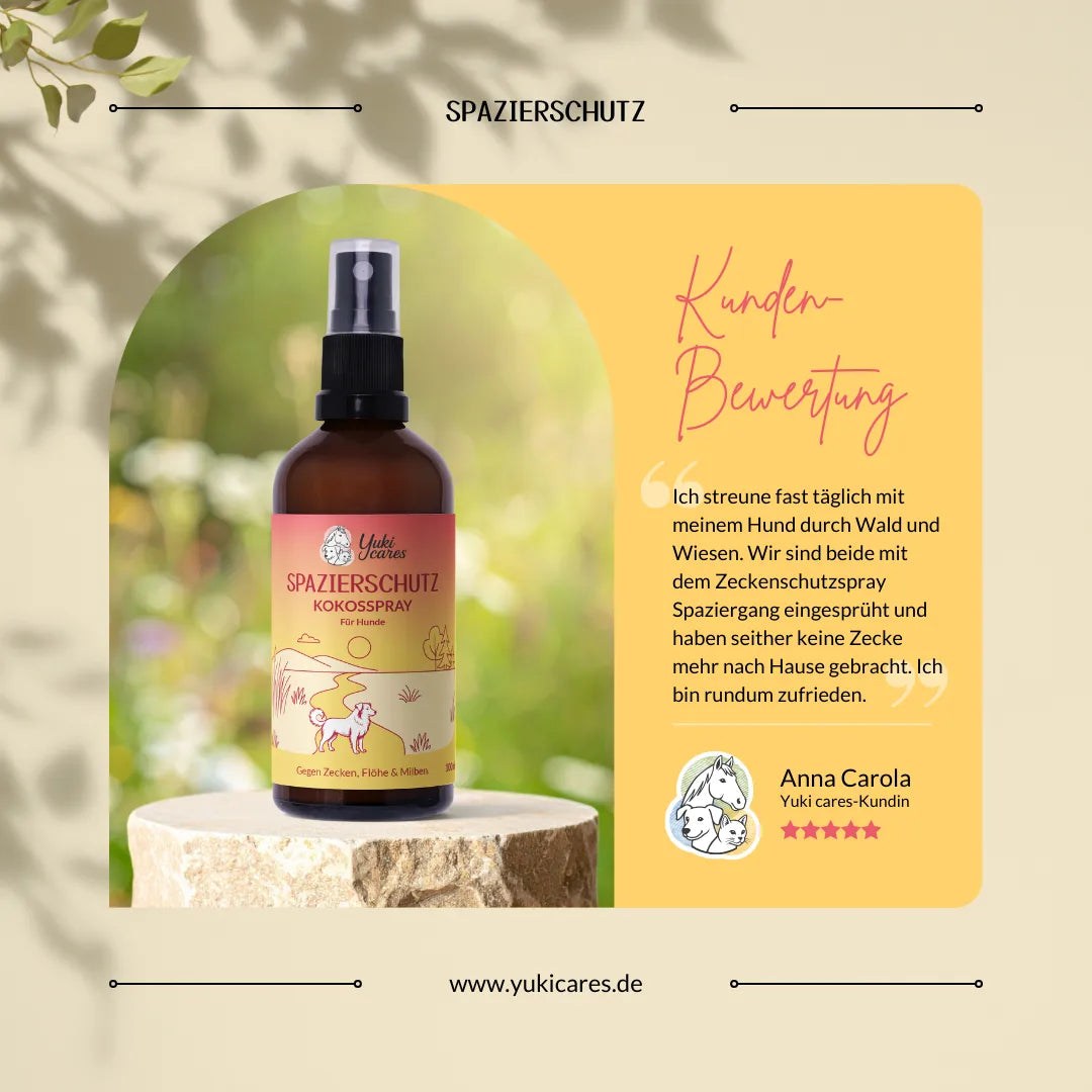 Ein Kokosspray für Hunde steht auf einem Stein, umgeben von einer Kundenbewertung über den Schutz vor Zecken.