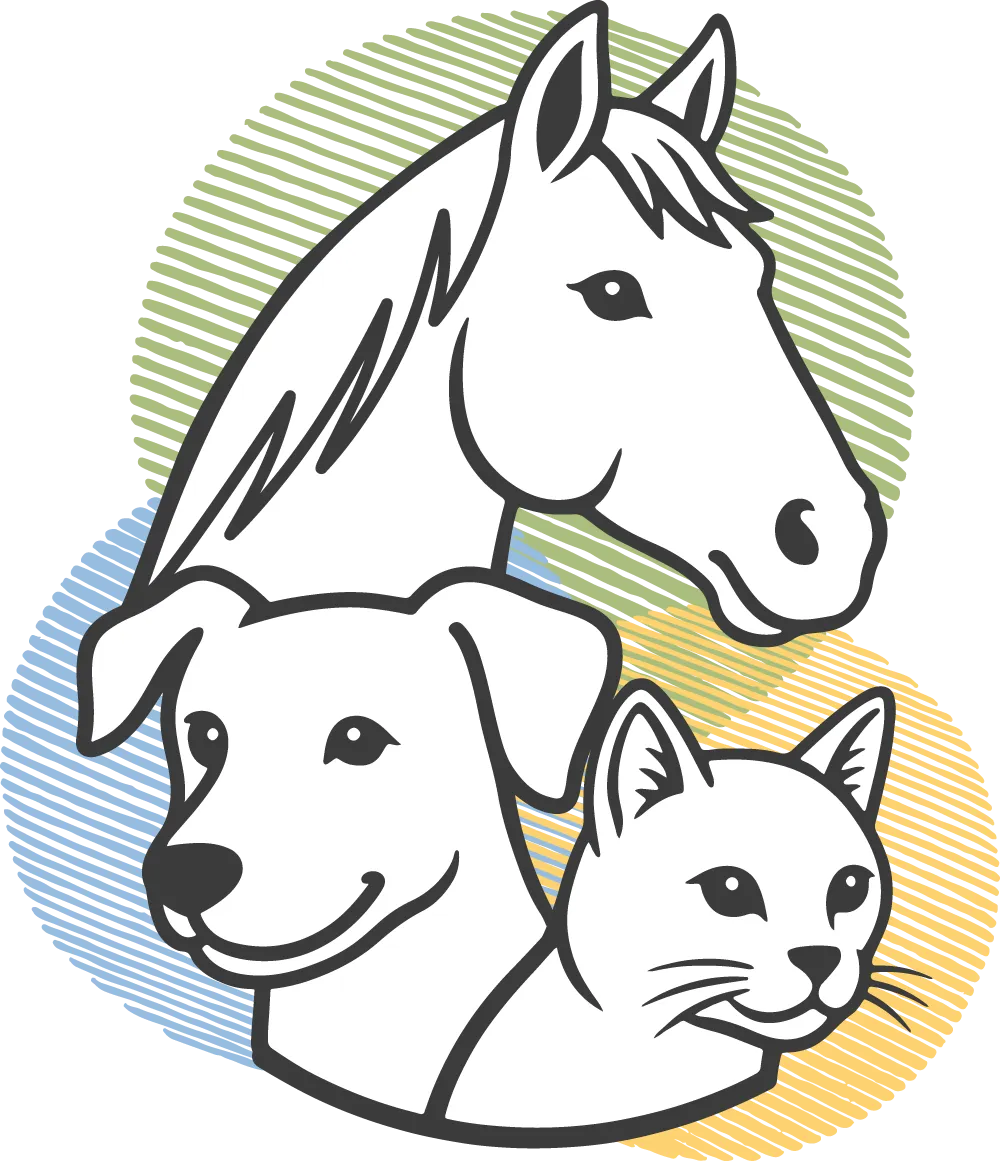 Ein stilisiertes Logo zeigt die Köpfe eines Pferdes, Hundes und einer Katze vor einem farbigen Hintergrund.