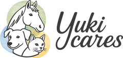 Ein Logo zeigt die Köpfe eines Pferdes, Hundes und einer Katze neben dem Schriftzug "Yuki Cares" auf buntem Hintergrund.