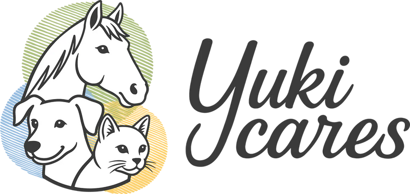 Ein Logo zeigt die Köpfe eines Pferdes, Hundes und einer Katze neben dem Schriftzug "Yuki Cares" auf buntem Hintergrund.