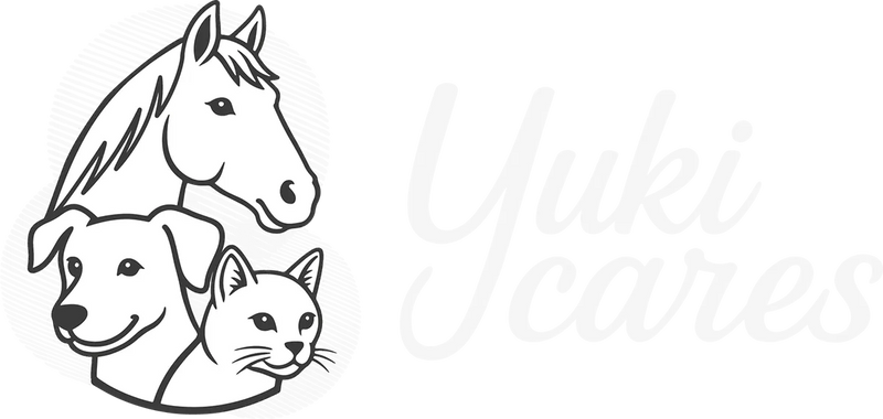 Ein Logo zeigt die Köpfe eines Pferdes, Hundes und einer Katze neben dem Schriftzug "Yuki Cares" auf buntem Hintergrund.