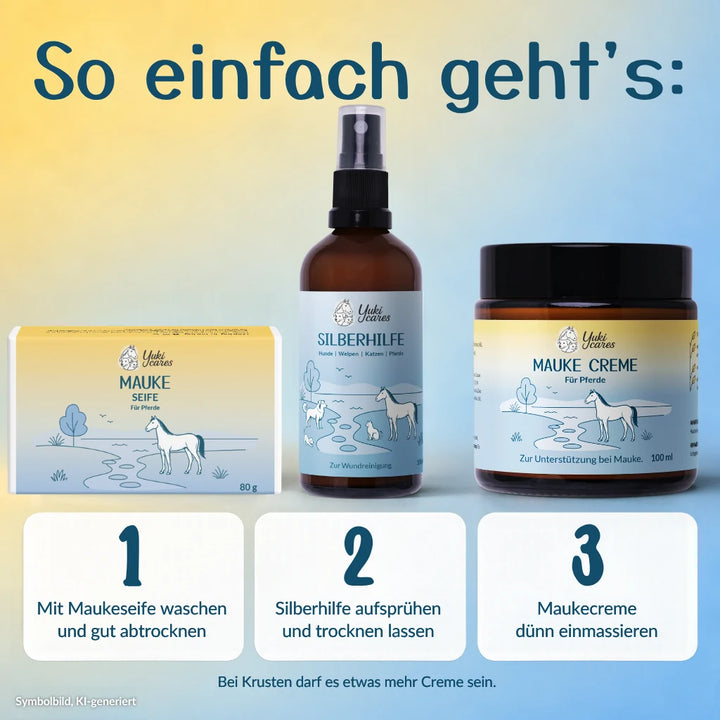 Anwendung in drei Schritten: mit Maukeseife waschen, Silberhilfe aufsprühen, Maukecreme dünn einmassieren
