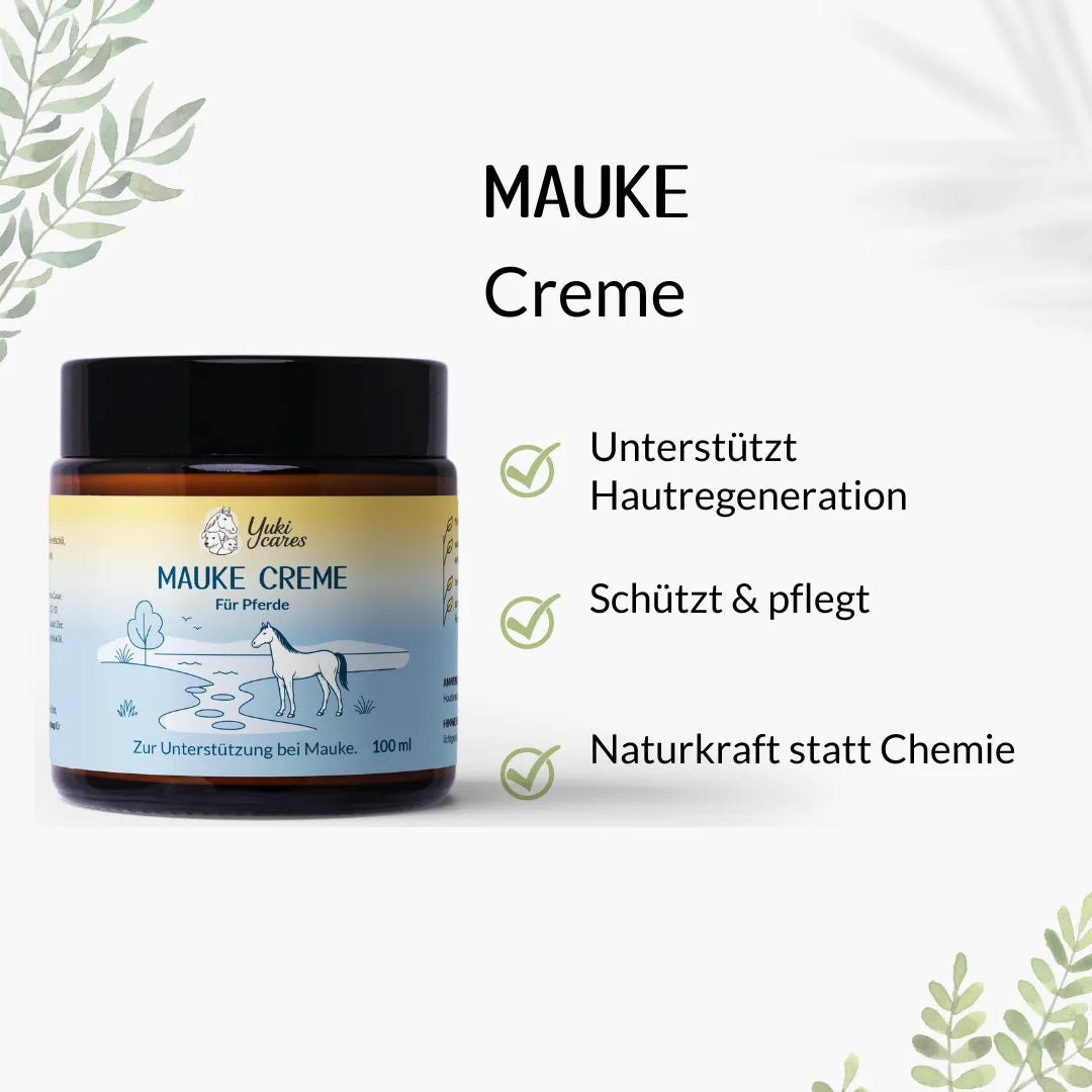 Ein Glas Mauke Creme für Pferde, umgeben von Pflanzenmotiven, mit Texten zu Hautregeneration und natürlicher Pflege.
