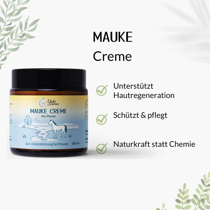 Ein Glas Mauke Creme für Pferde, umgeben von Pflanzenmotiven, mit Texten zu Hautregeneration und natürlicher Pflege.