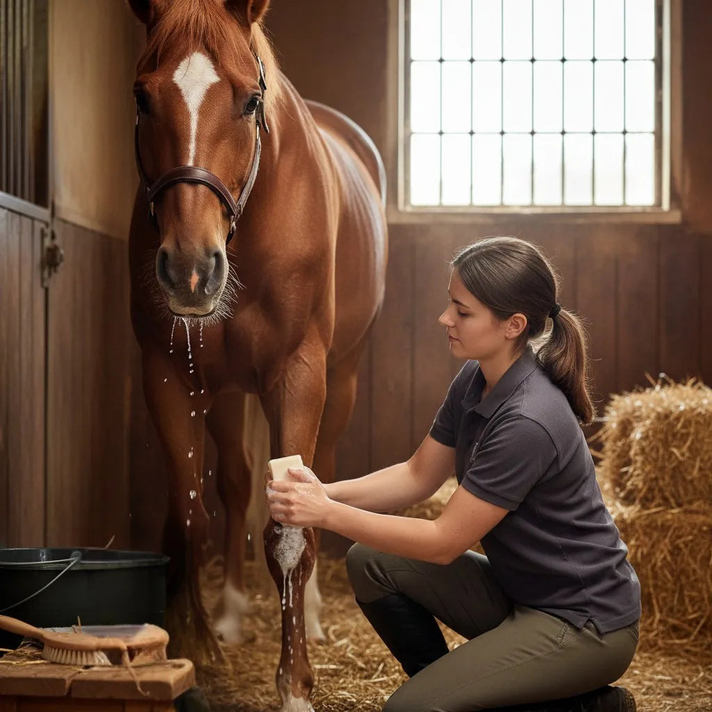 Eine Frau wäscht das Bein eines Pferdes mit Seife in einem Stall, während das Pferd ruhig steht.