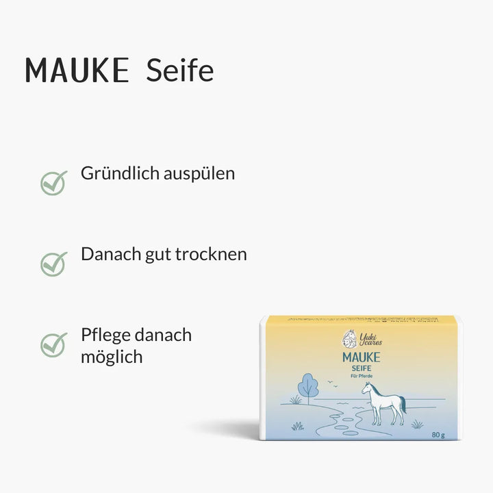 Die Abbildung zeigt eine Mauke-Seife für Pferde mit Anweisungen zur gründlichen Anwendung und Pflege.