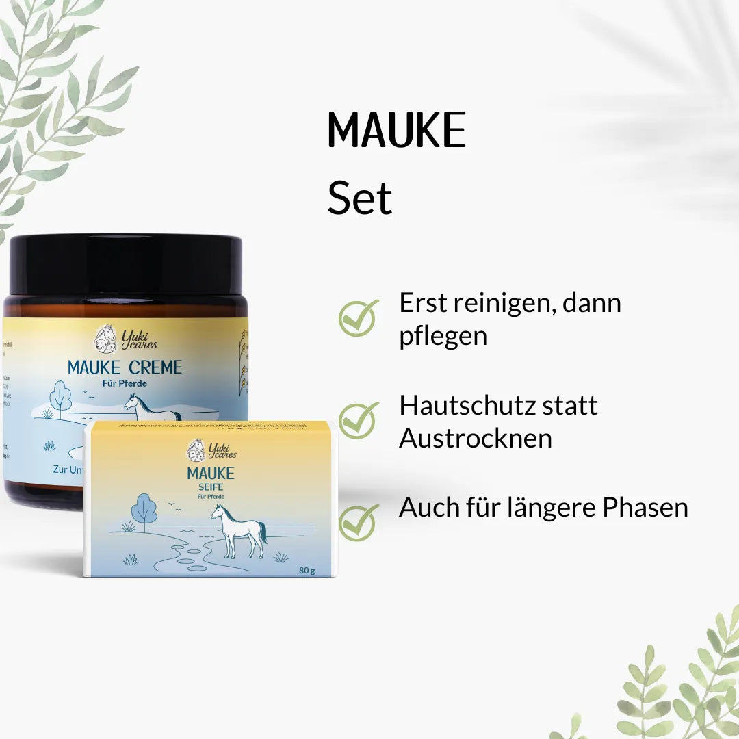 Das Mauke-Set von Yuki Cares zeigt eine Creme und Seife für Pferde mit pflegenden Eigenschaften auf hellem Hintergrund.