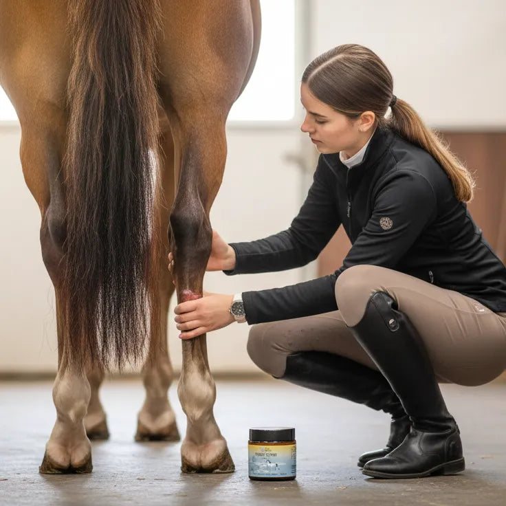 Eine Frau pflegt das Bein eines Pferdes mit einer Creme, die in einem offenen Behälter auf dem Boden steht.