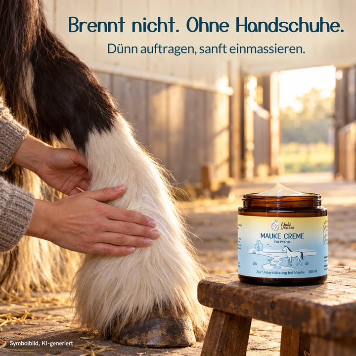 Hände tragen Yuki cares Maukecreme ohne Handschuhe dünn auf die weiße Fessel eines Tinkers auf