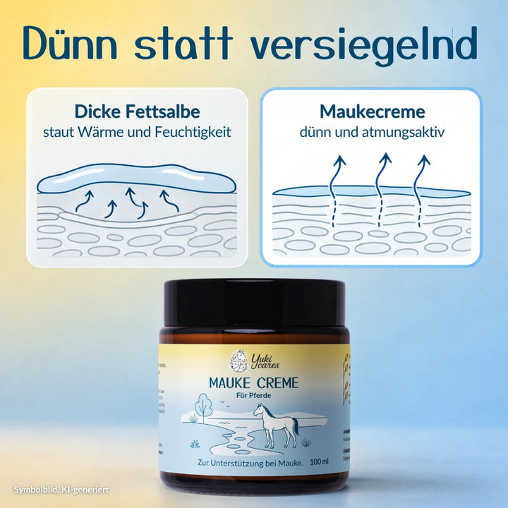 ergleich: dicke Fettsalbe staut Wärme und Feuchtigkeit, Maukecreme liegt dünn und atmungsaktiv auf der Haut