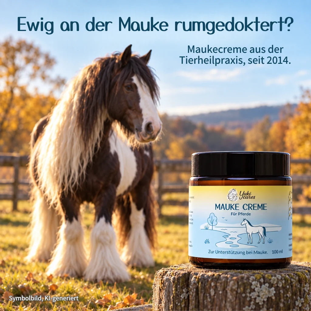 Tinker mit langem weißem Behang auf herbstlicher Koppel, davor Yuki cares Maukecreme 100 ml