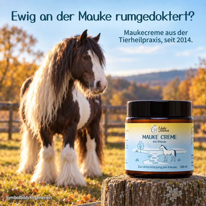 Tinker mit langem weißem Behang auf herbstlicher Koppel, davor Yuki cares Maukecreme 100 ml
