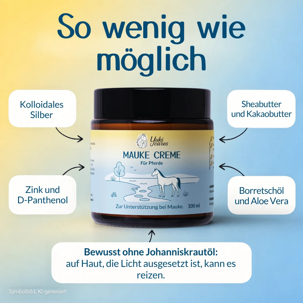 Inhaltsstoffe der Maukecreme: kolloidales Silber, Zink, D-Panthenol, Shea- und Kakaobutter, Borretschöl, Aloe Vera, ohne Johanniskrautöl