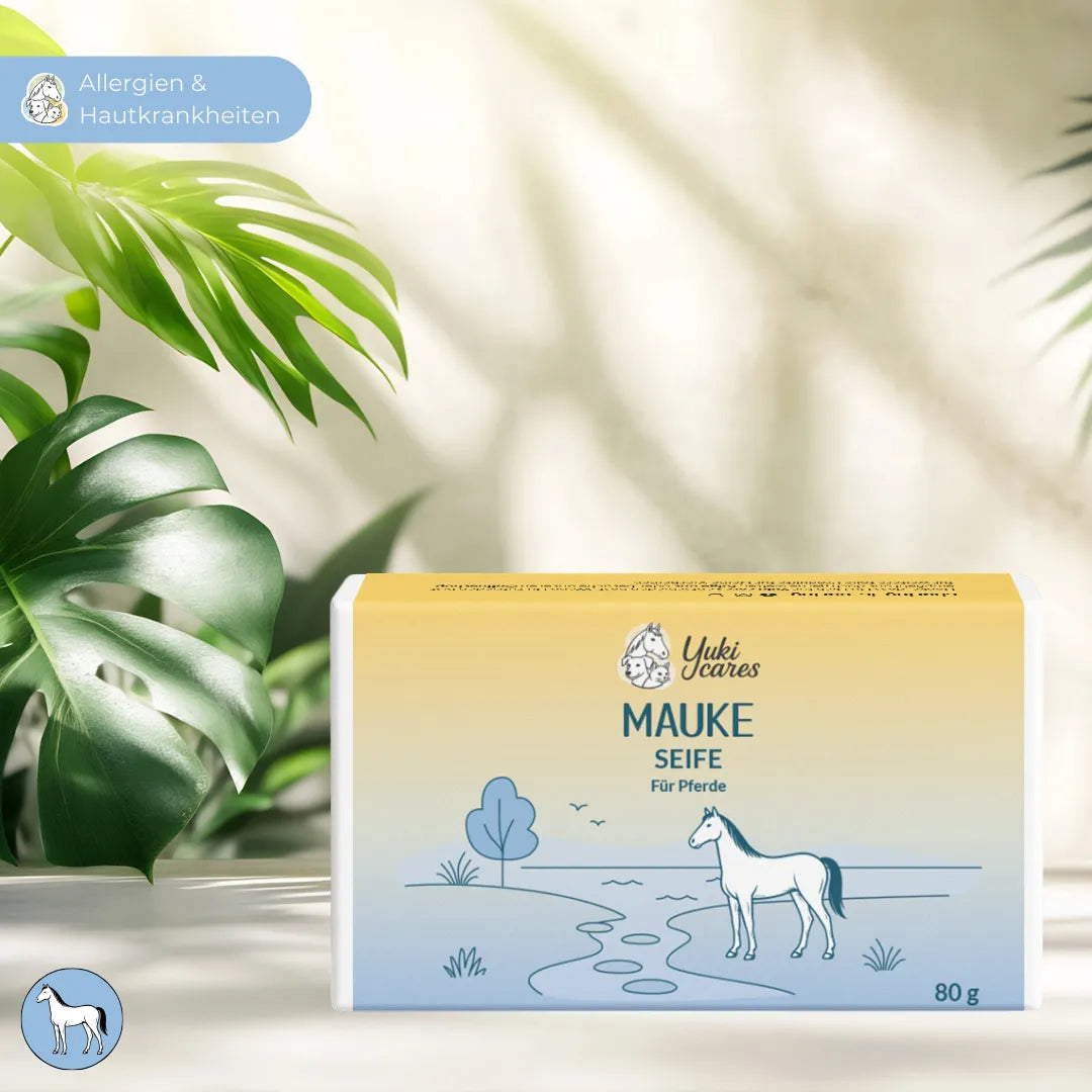 Eine Pferdeseife mit Verpackung und botanischem Hintergrund, geeignet für Allergien und Hautkrankheiten bei Pferden.