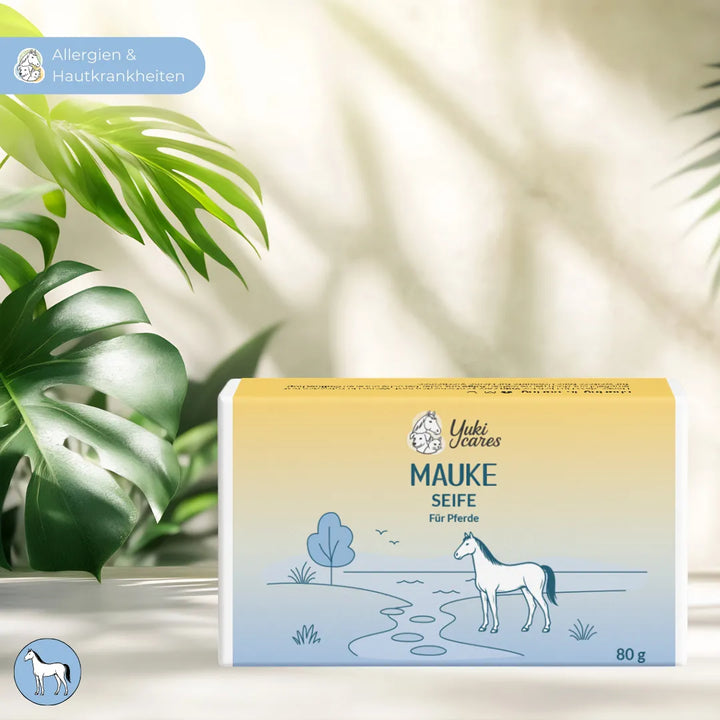 Eine Pferdeseife mit Verpackung und botanischem Hintergrund, geeignet für Allergien und Hautkrankheiten bei Pferden.