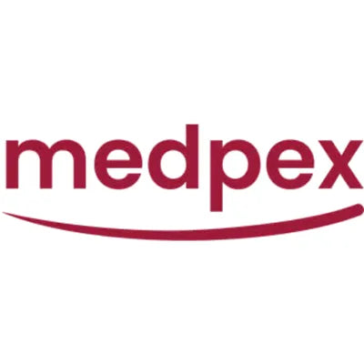 Das Bild zeigt das Logo von medpex mit rotem Schriftzug und einem geschwungenen Strich darunter.