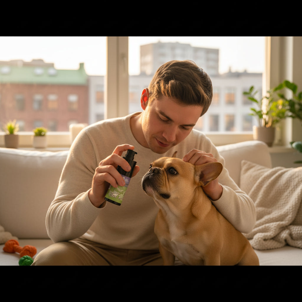 Ein Mann pflegt eine französische Bulldogge mit einem Pflegeprodukt in einem hellen Wohnzimmer.