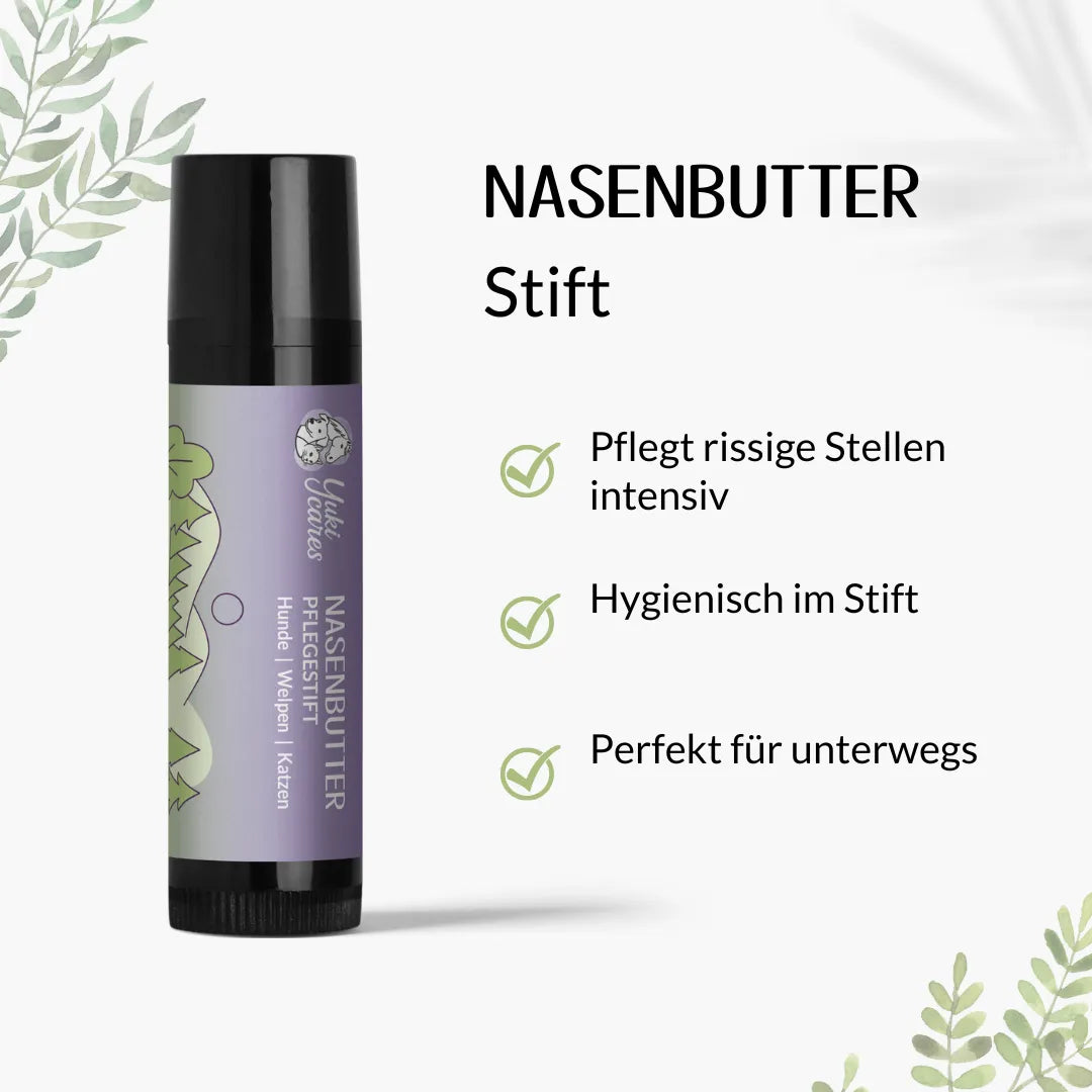 Ein Nasenbutter-Pflegestift für Tiere mit Text, der seine intensive Pflege und praktische Anwendung unterwegs beschreibt.