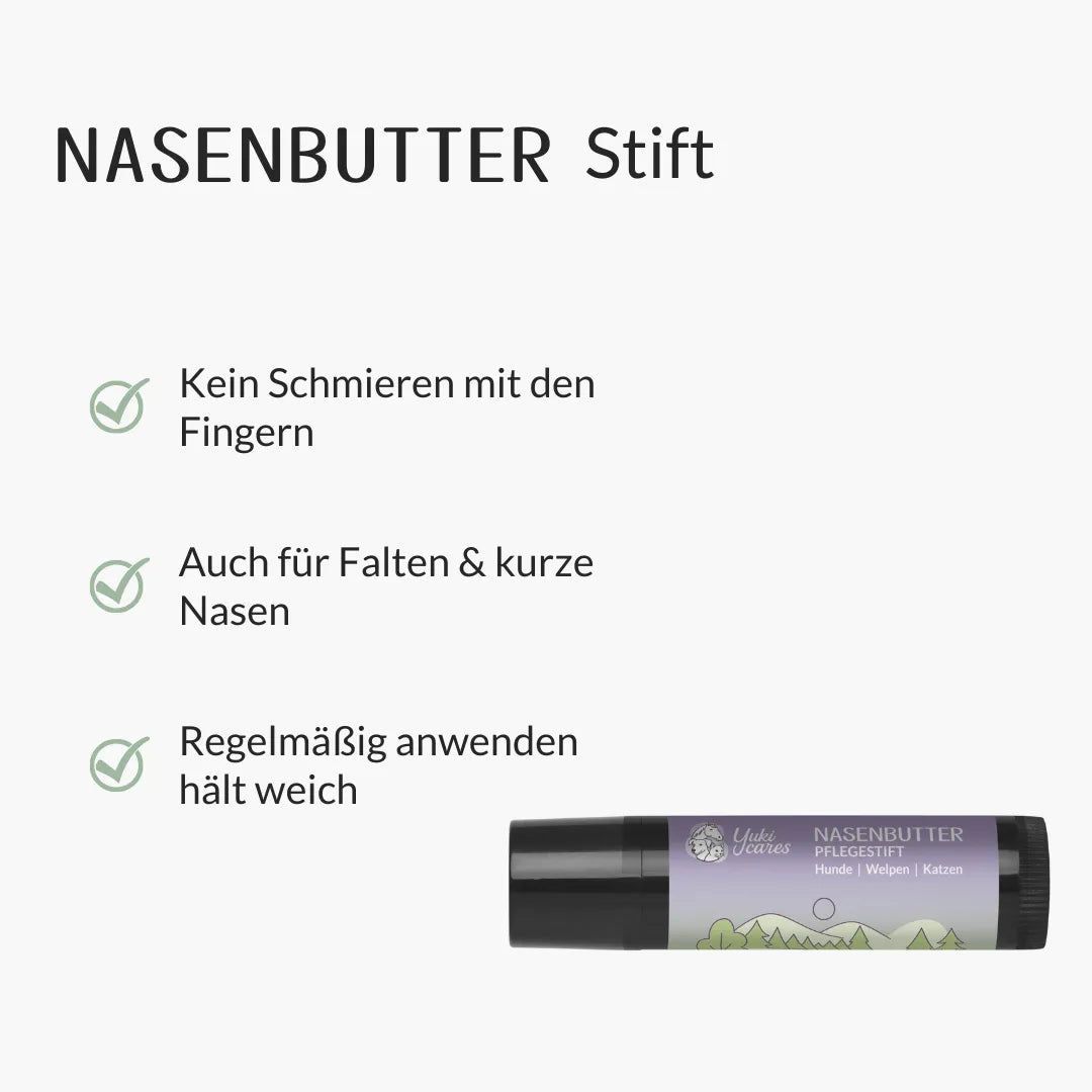 Der Nasenbutter Stift wird mit Vorteilen wie einfacher Anwendung und Pflege für Hunde- und Katzennasen beworben.