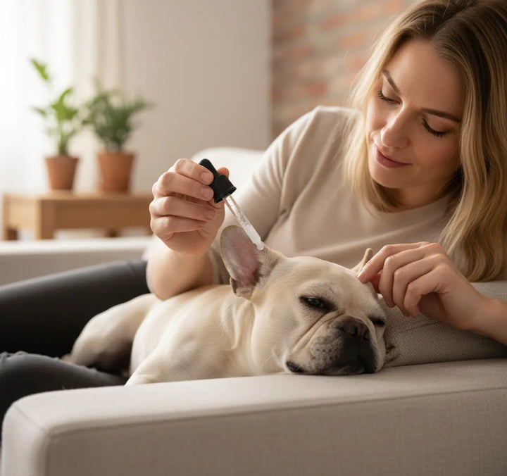Eine Frau tropft mit einer Pipette Öl in das Ohr eines auf dem Sofa liegenden Hundes.