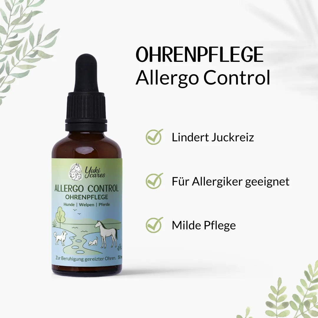 Eine braune Flasche Ohrenpflege namens "Allergo Control" steht neben Text, der ihre milde und allergikerfreundliche Wirkung betont.