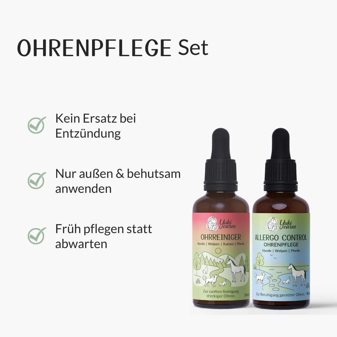 Zwei Flaschen Ohrpflegeprodukte mit Pipette, daneben Hinweise zur sicheren Anwendung für Hunde und andere Tiere.