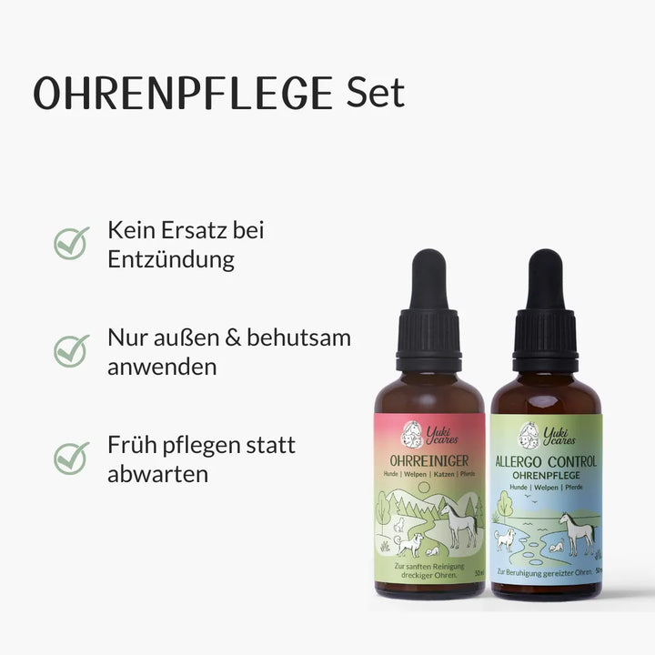 Zwei Flaschen Ohrpflegeprodukte mit Pipette, daneben Hinweise zur sicheren Anwendung für Hunde und andere Tiere.