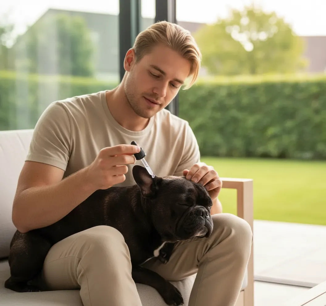 Ein Mann tropft einem entspannten schwarzen Hund auf seinem Schoß mit einer Pipette Flüssigkeit ins Ohr.