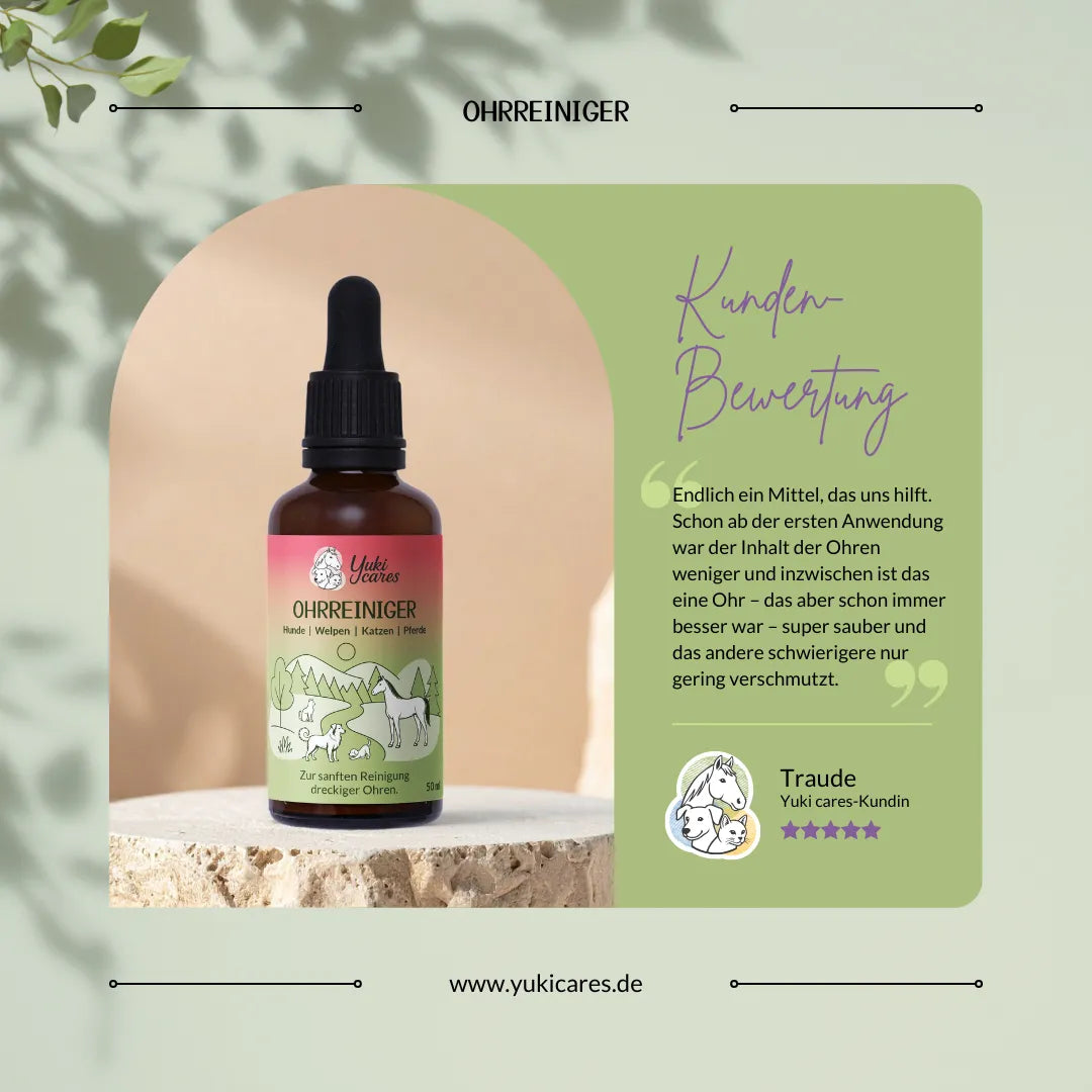 Eine Flasche Ohrenreiniger von Yuki Cares steht vor einem Hintergrund mit Kundenbewertung und dekorativen Blättern.