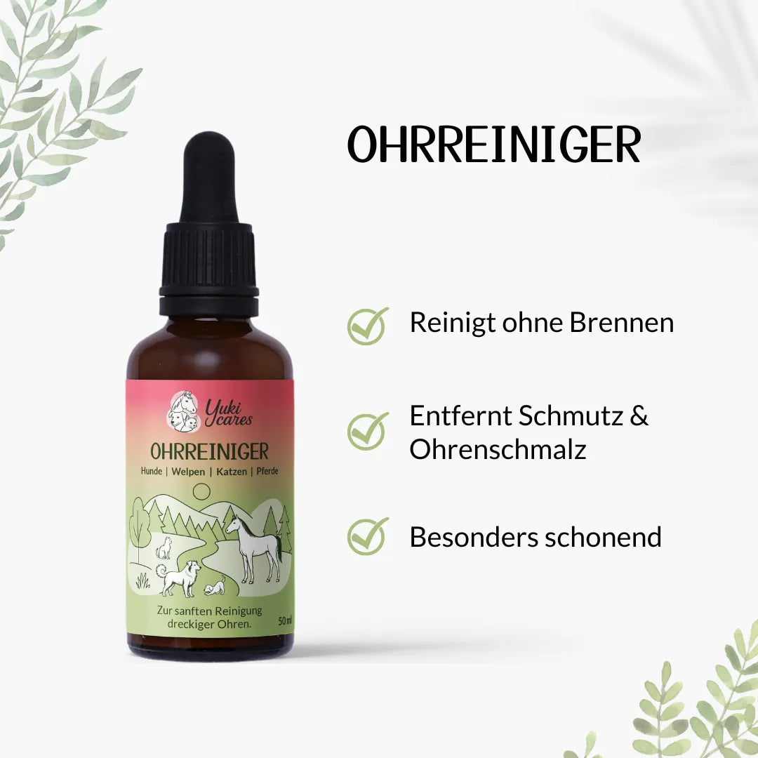 Eine Flasche Ohrenreiniger für Tiere mit Waldmotiv, umgeben von Text über seine sanfte und effektive Reinigung.