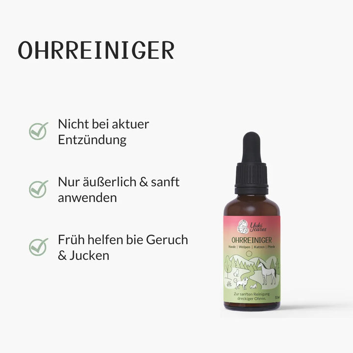 Eine Flasche Ohrenreiniger für Tiere mit Anleitung zur sanften äußeren Anwendung und Pflege bei Geruch und Jucken.