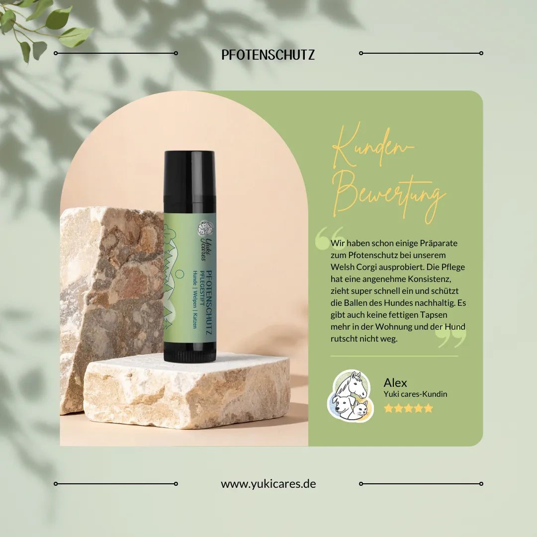 Ein Pfotenschutz-Produkt von Yuki Cares steht auf einem Stein, begleitet von einer Kundenbewertung und Blättern im Hintergrund.