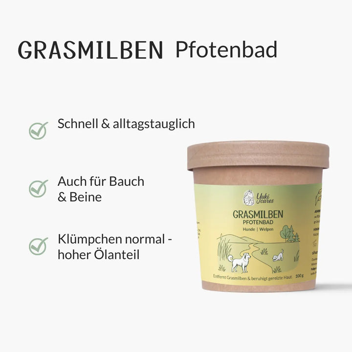 Grasmilben Pfotenbad für Hunde wird mit Vorteilen wie Alltagstauglichkeit und hohem Ölanteil beschrieben.