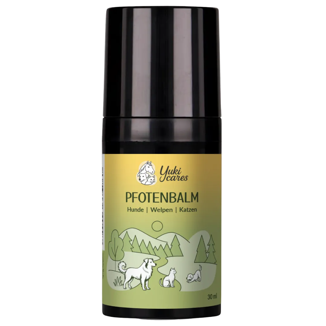 Ein schwarzer Spender mit gelbem Etikett zeigt ein Pfotenbalsam für Hunde, Welpen und Katzen vor einer Waldlandschaft.