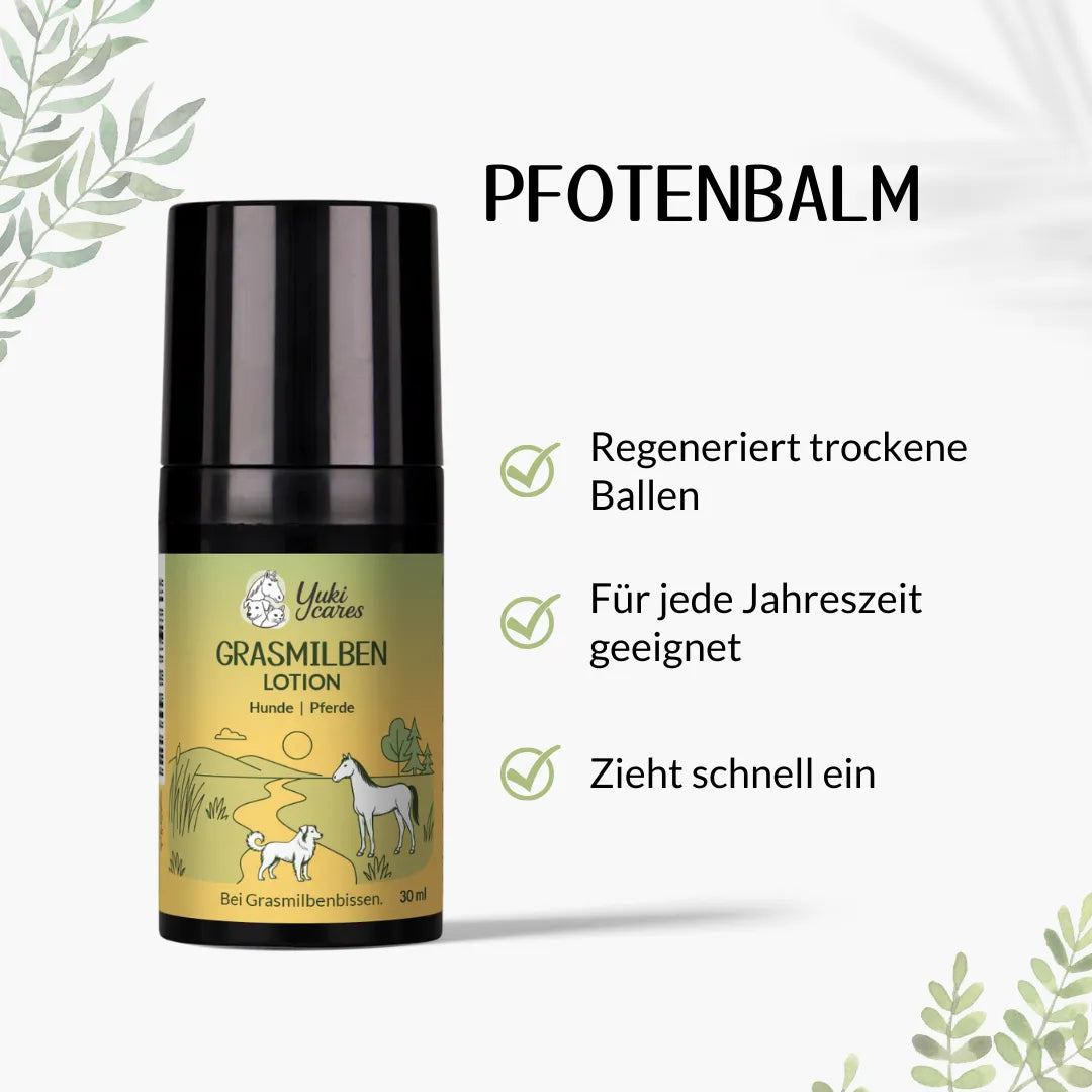 Eine Flasche Pfotenbalsam für Hunde und Pferde mit Eigenschaften wie schnelle Absorption und Eignung für alle Jahreszeiten.