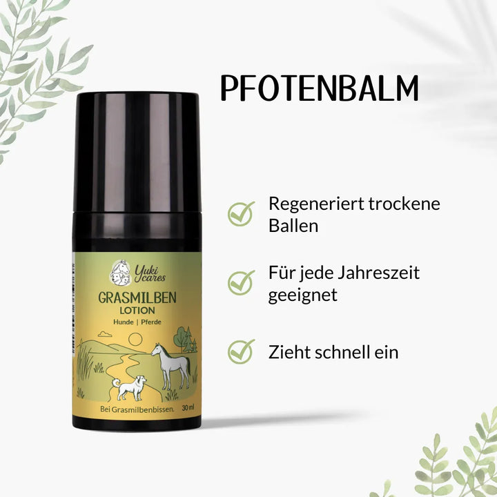 Eine Flasche Pfotenbalsam für Hunde und Pferde mit Eigenschaften wie schnelle Absorption und Eignung für alle Jahreszeiten.