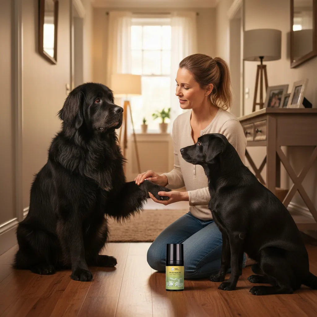 Eine Frau kniet zwischen zwei großen schwarzen Hunden und schüttelt einem die Pfote, während eine Lotion auf dem Boden steht.