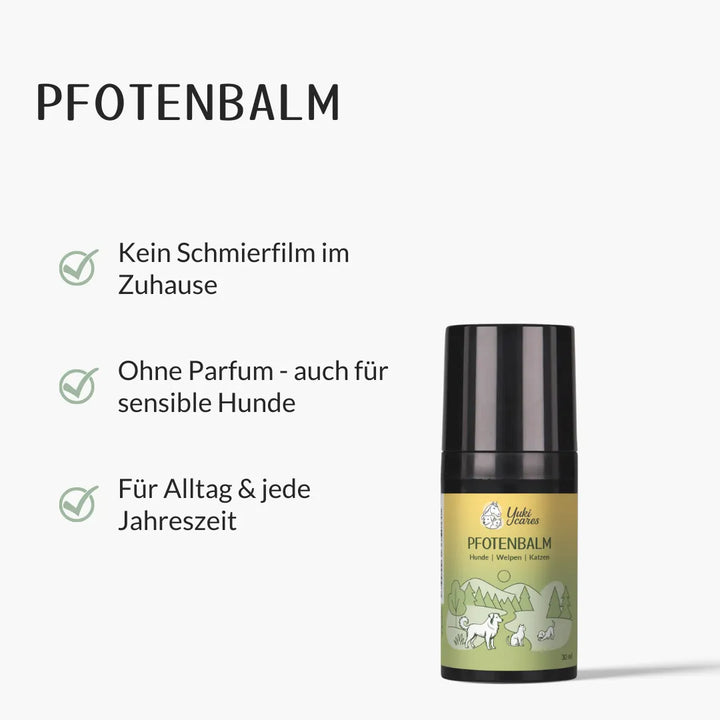 Eine Pfotenbalsamflasche mit Vorteilen wie kein Schmierfilm, parfumfrei und geeignet für alle Jahreszeiten wird gezeigt.
